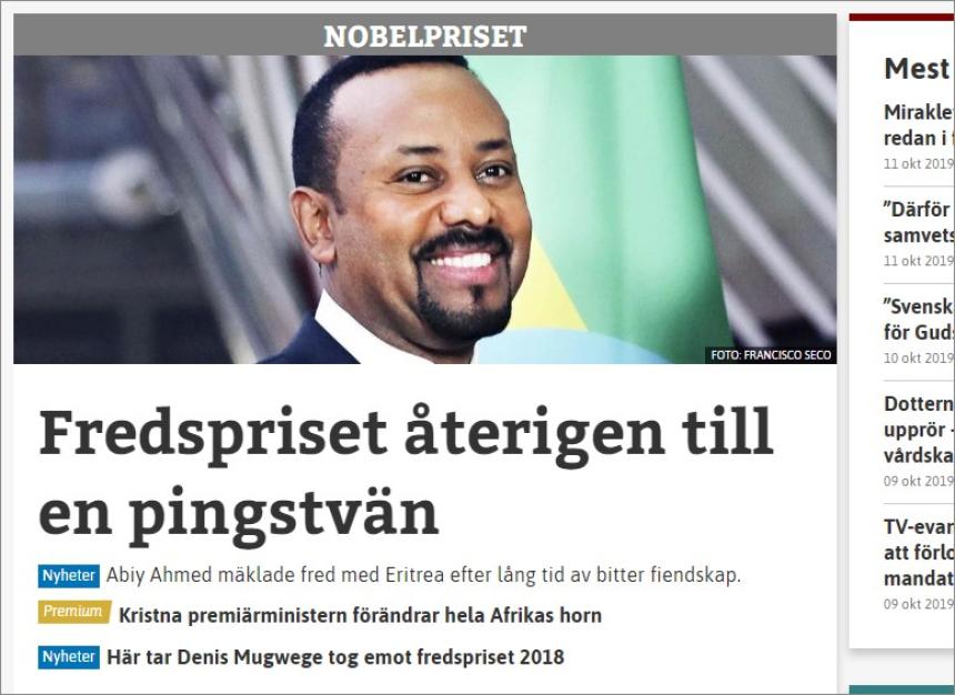 Etiopiens premirminister Abiy Ahmed, hngiven kristen, fr Nobels fredspris 2019